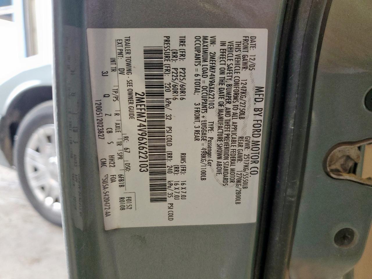 2006 Mercury Grand Marquis Gs VIN: 2MEFM74V96X622103 Lot: 93349215