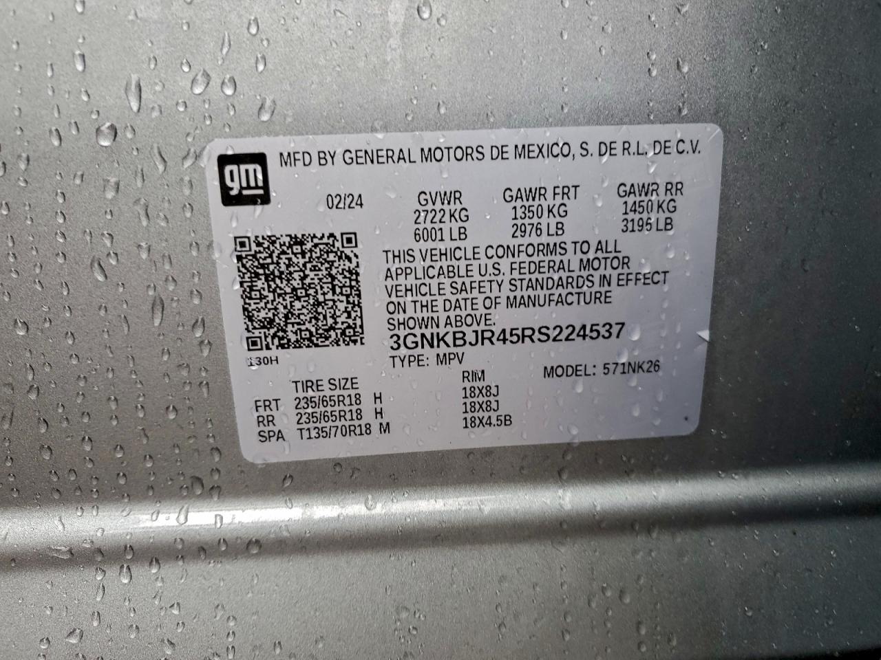 2024 Chevrolet Blazer 3Lt VIN: 3GNKBJR45RS224537 Lot: 93814855