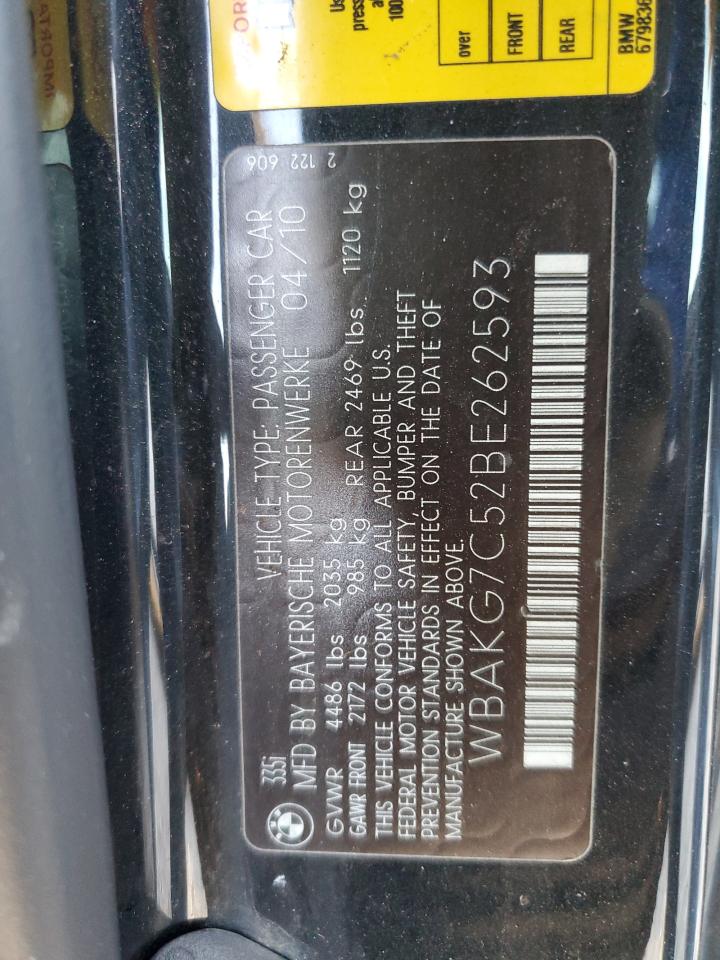 2011 BMW 335 I VIN: WBAKG7C52BE262593 Lot: 92929135