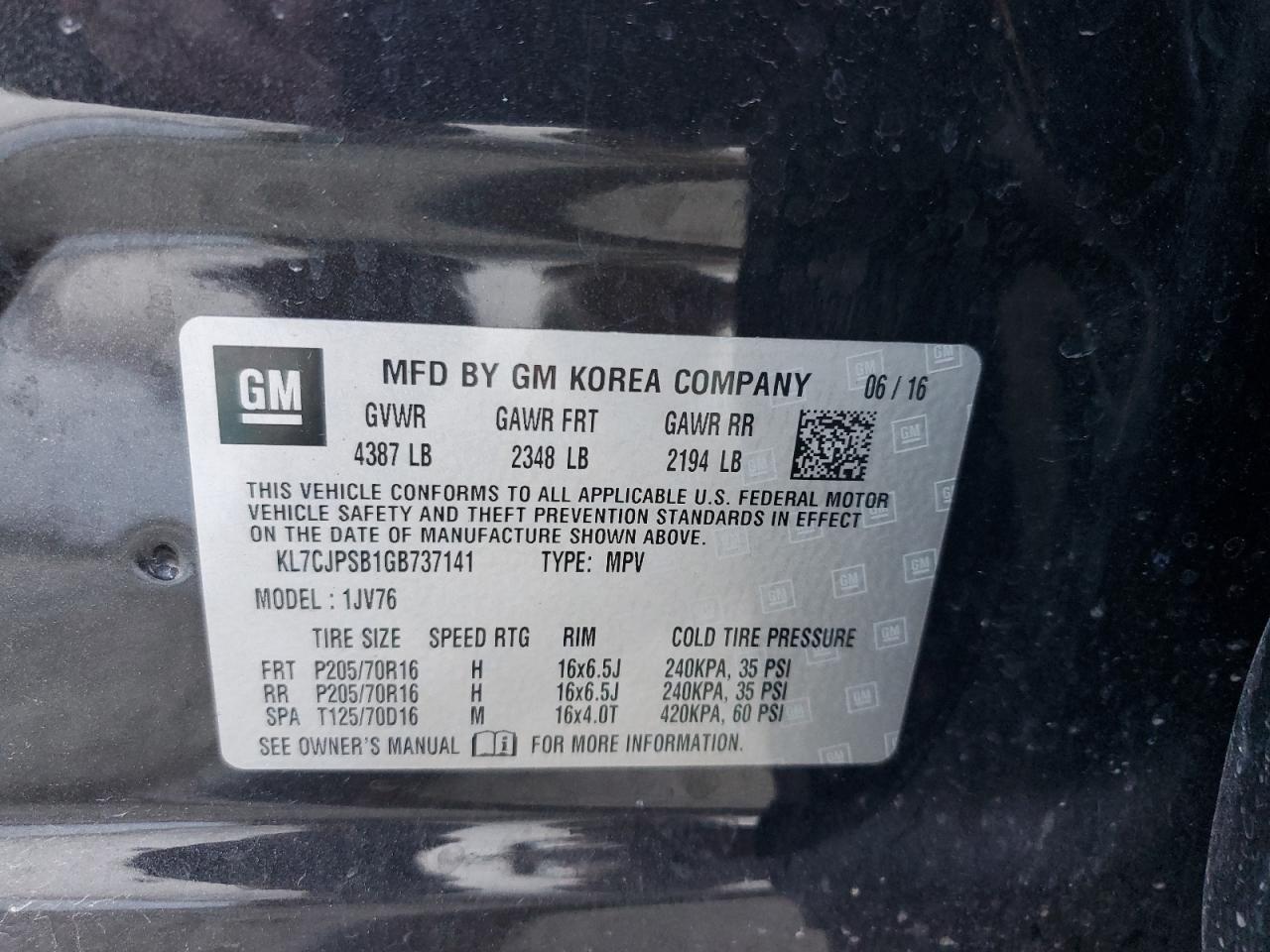 2016 Chevrolet Trax 1Lt VIN: KL7CJPSB1GB737141 Lot: 92934205