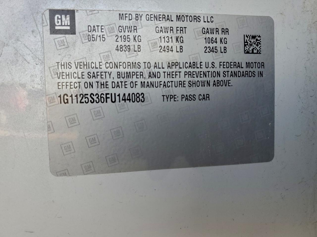 2015 Chevrolet Impala Lt VIN: 1G1125S36FU144083 Lot: 93205575