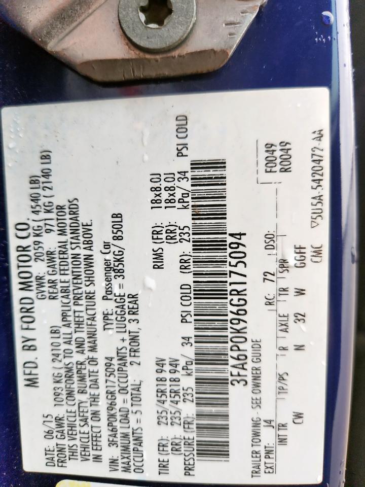 2016 Ford Fusion Titanium VIN: 3FA6P0K96GR175094 Lot: 93871675