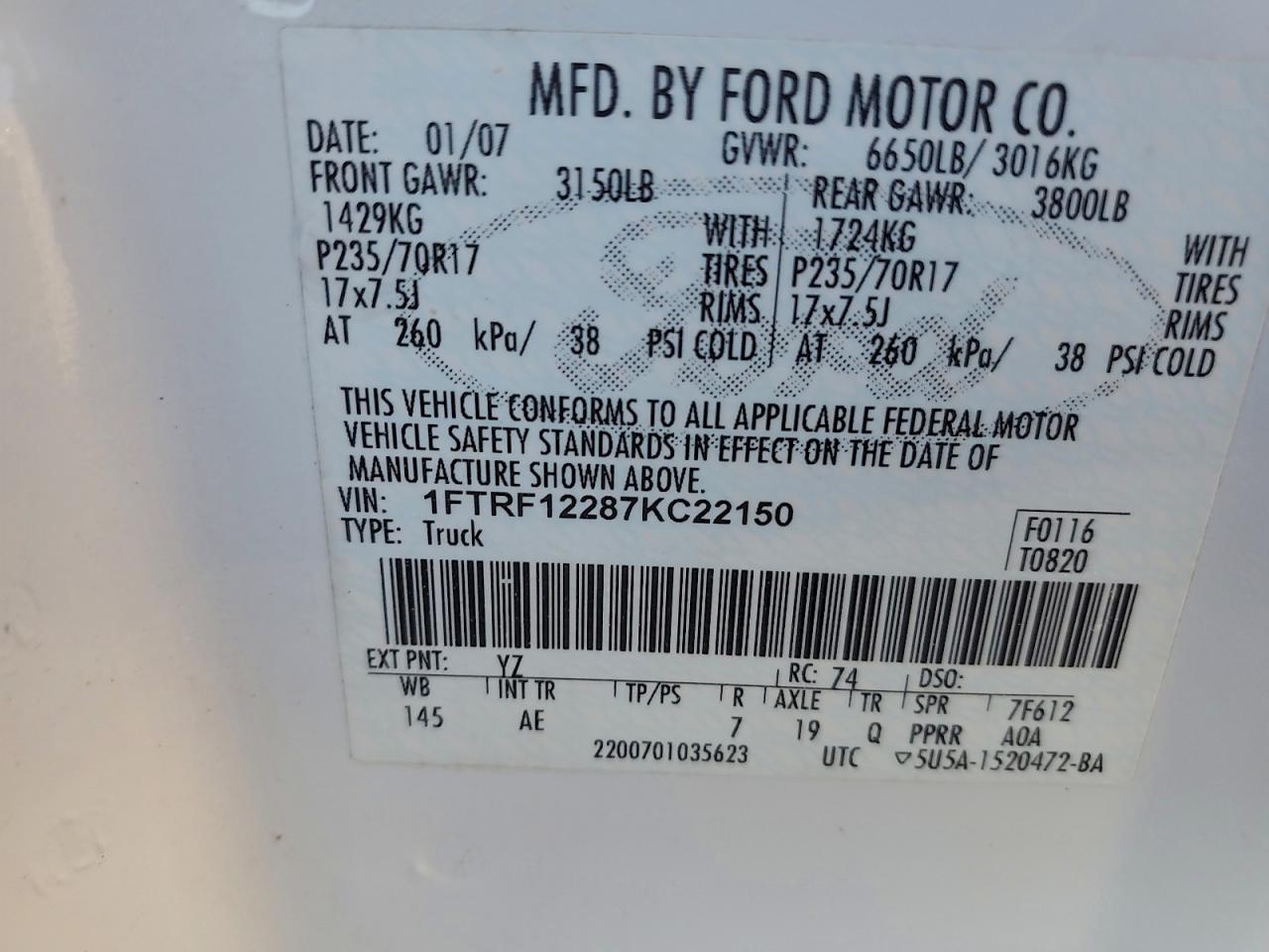 2007 Ford F150 VIN: 1FTRF12287KC22150 Lot: 93601385