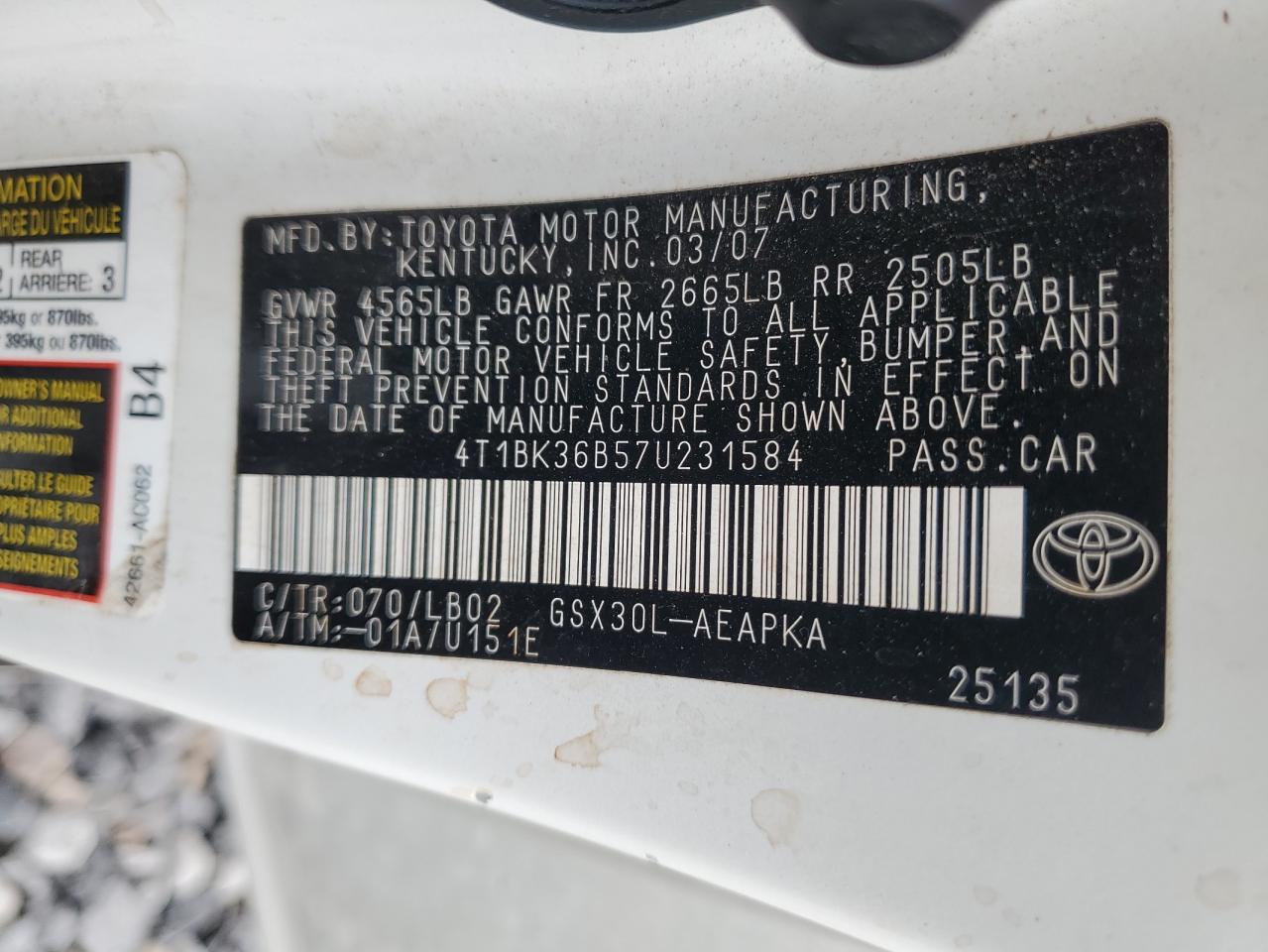 2007 Toyota Avalon Xl VIN: 4T1BK36B57U231584 Lot: 92756185