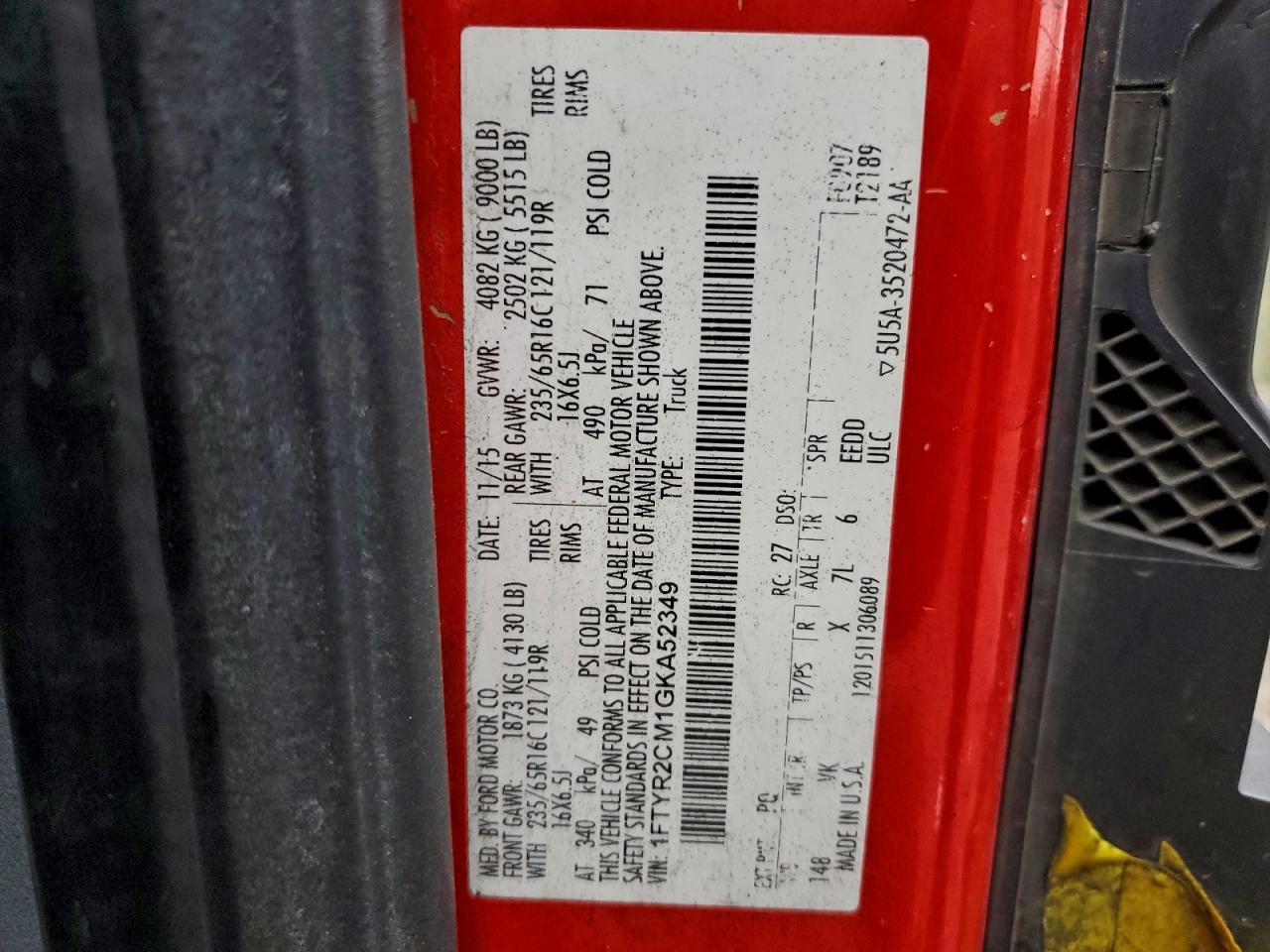 2016 Ford Transit T-250 VIN: 1FTYR2CM1GKA52349 Lot: 93298835