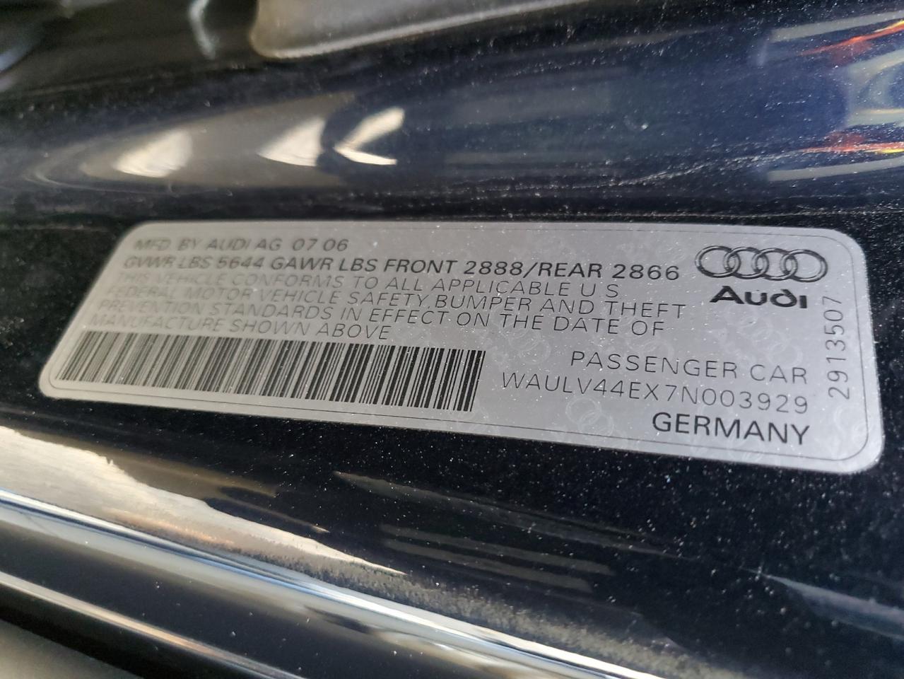 2007 Audi A8 4.2 Quattro VIN: WAULV44EX7N003929 Lot: 91614155