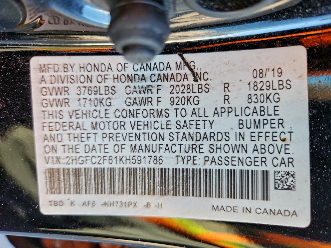 2019 Honda Civic Lx VIN: 2HGFC2F61KH591786 Lot: 94135395