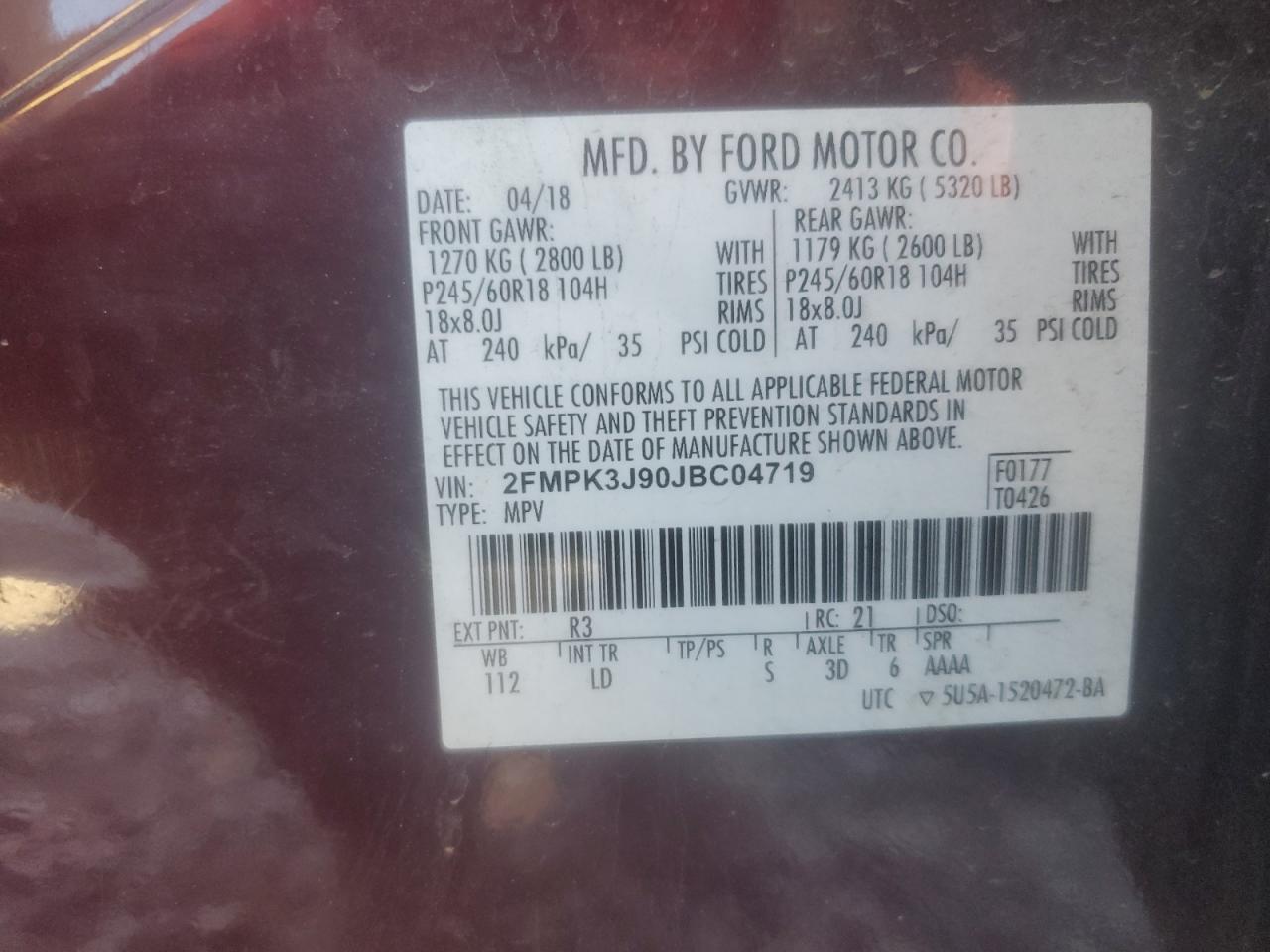 2018 Ford Edge Sel VIN: 2FMPK3J90JBC04719 Lot: 91620855