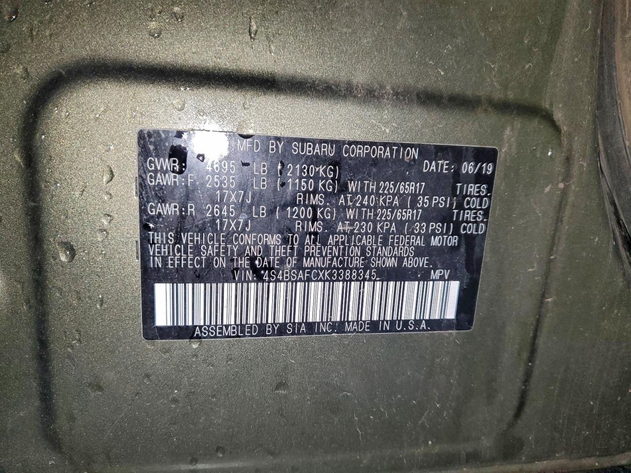 2019 Subaru Outback 2.5I Premium VIN: 4S4BSAFCXK3388345 Lot: 93666005