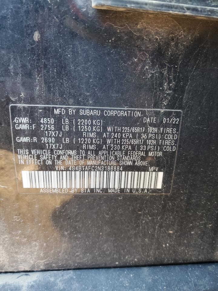 2022 Subaru Outback Premium VIN: 4S4BTAFC2N3188884 Lot: 92025075