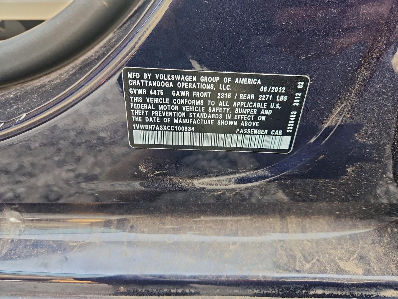 2012 Volkswagen Passat Se VIN: 1VWBH7A3XCC100934 Lot: 93675705