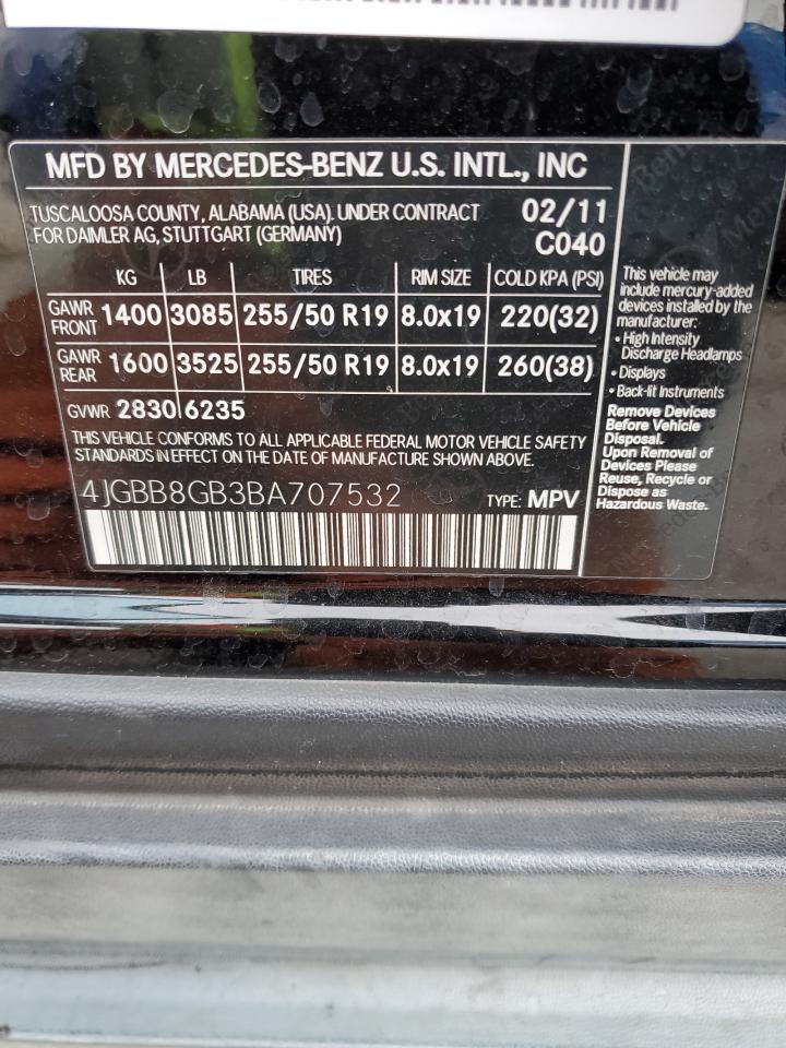 2011 Mercedes-Benz Ml 350 4Matic VIN: 4JGBB8GB3BA707532 Lot: 92367455