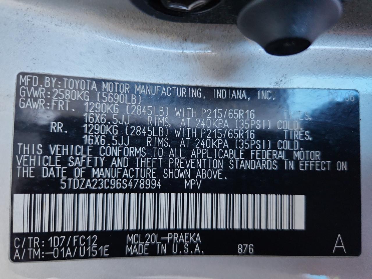 2006 Toyota Sienna Ce VIN: 5TDZA23C96S478994 Lot: 93253245