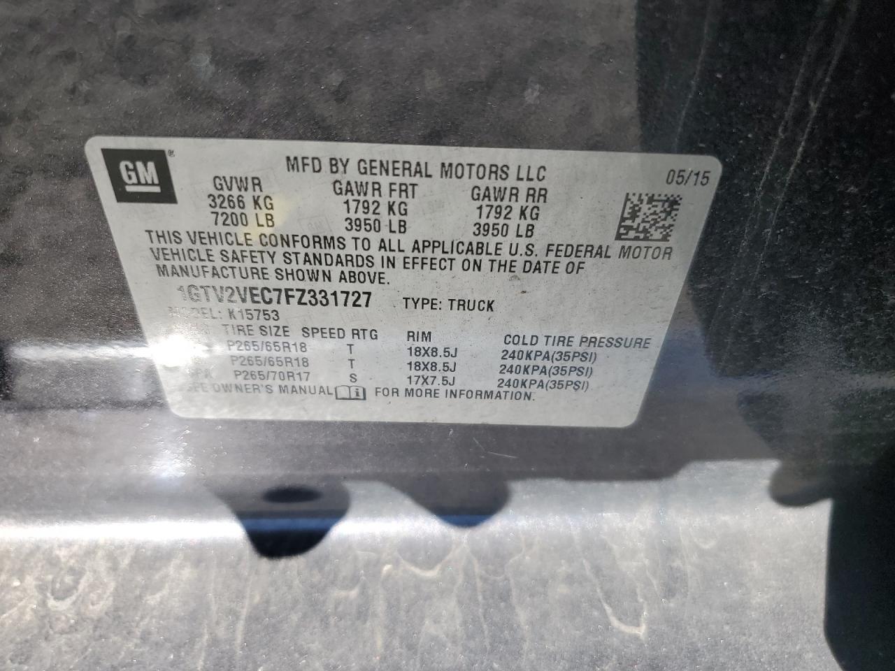 2015 GMC Sierra K1500 Slt VIN: 1GTV2VEC7FZ331727 Lot: 92178045