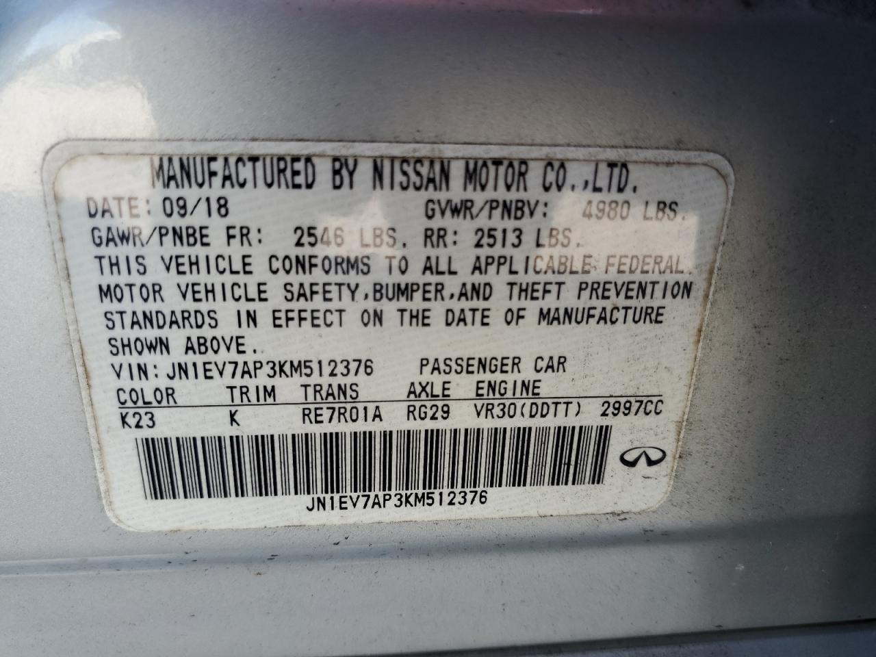 2019 Infiniti Q50 Luxe VIN: JN1EV7AP3KM512376 Lot: 90945445