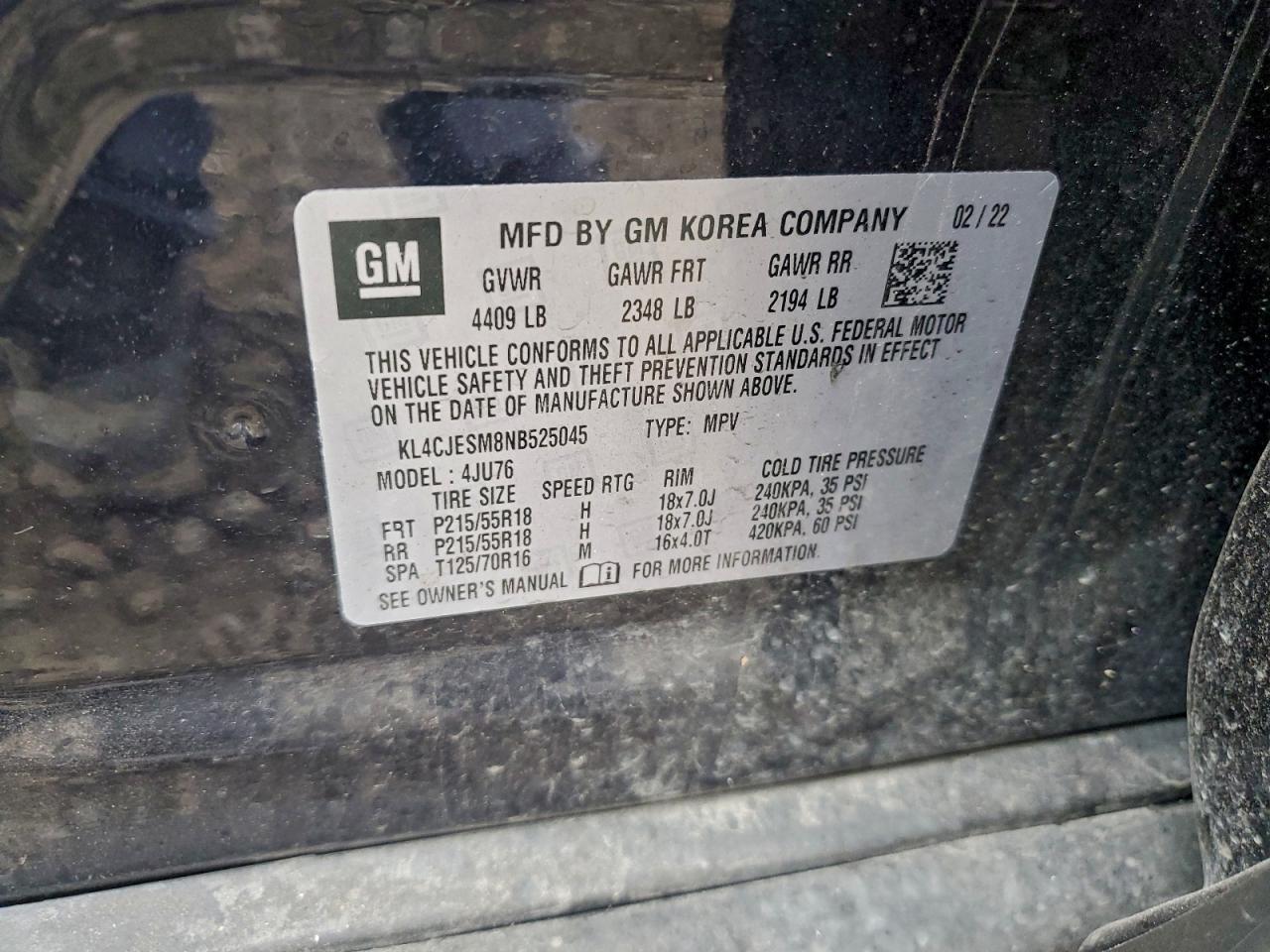 2022 Buick Encore Preferred VIN: KL4CJESM8NB525045 Lot: 93493395