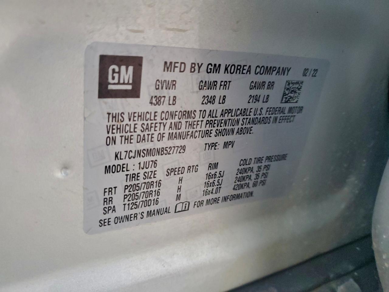 2022 Chevrolet Trax Ls VIN: KL7CJNSM0NB527729 Lot: 93263975