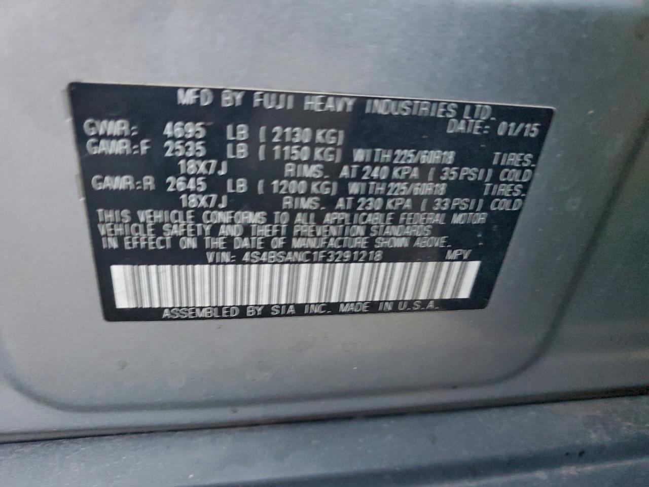 2015 Subaru Outback 2.5I Limited VIN: 4S4BSANC1F3291218 Lot: 93446155