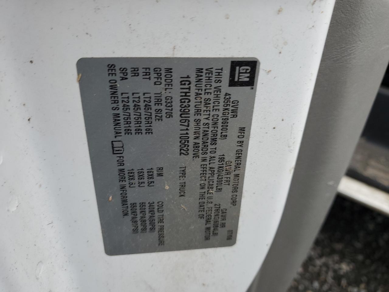 2007 GMC Savana G3500 VIN: 1GTHG39U671105622 Lot: 92020265