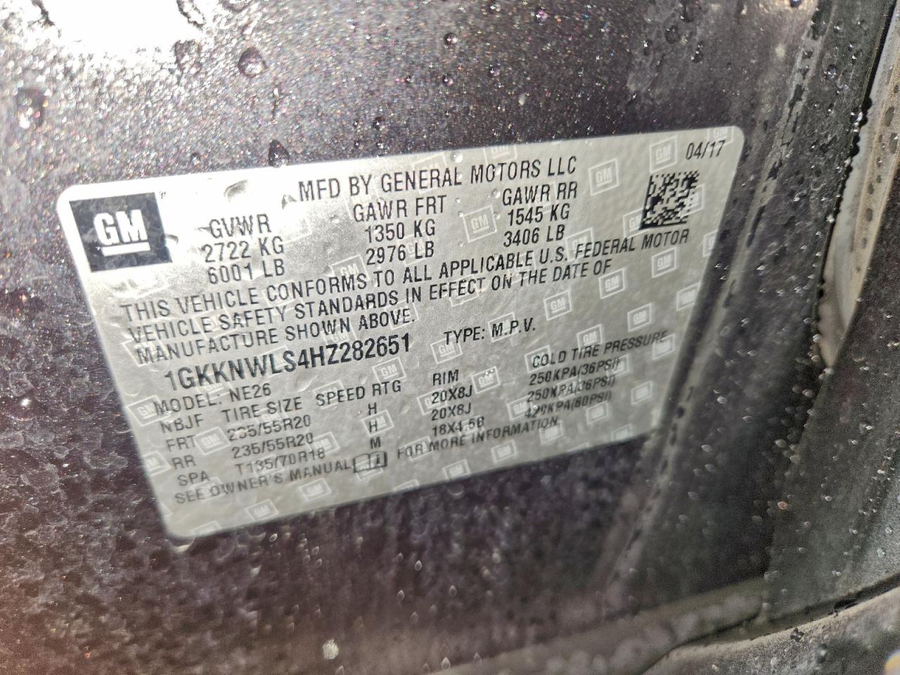 2017 GMC Acadia Slt-2 VIN: 1GKKNWLS4HZ282651 Lot: 93185575