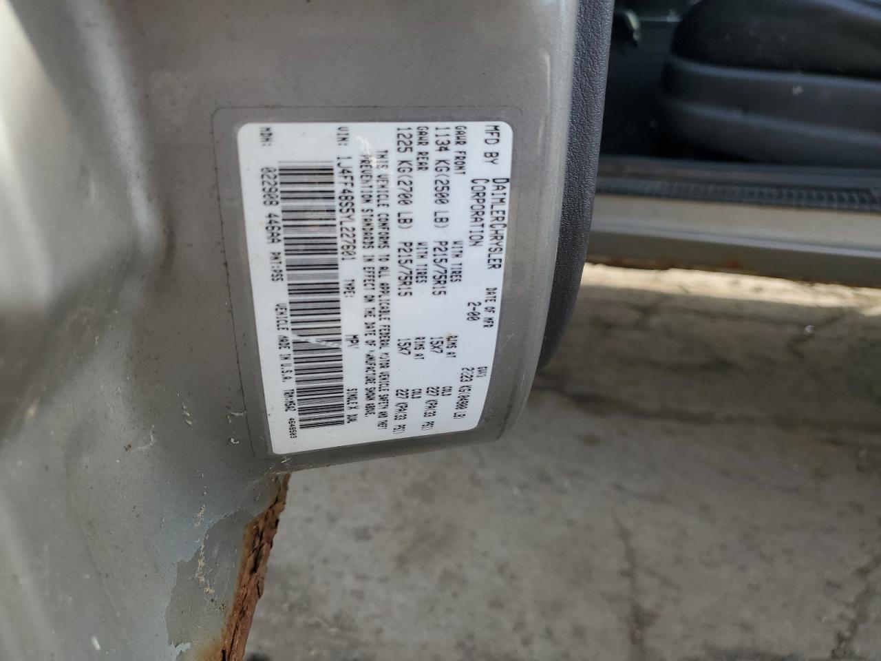 2000 Jeep Cherokee Sport VIN: 1J4FF48S5YL227601 Lot: 91356065