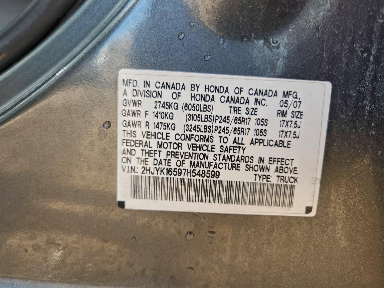 2007 Honda Ridgeline Rtl VIN: 2HJYK16597H548599 Lot: 94090135