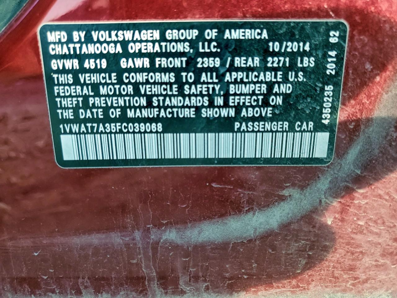2015 Volkswagen Passat S VIN: 1VWAT7A35FC039068 Lot: 94517225