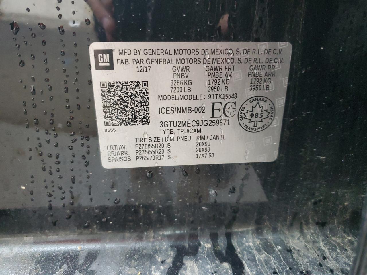 2018 GMC Sierra K1500 Sle VIN: 3GTU2MEC9JG259671 Lot: 91428705