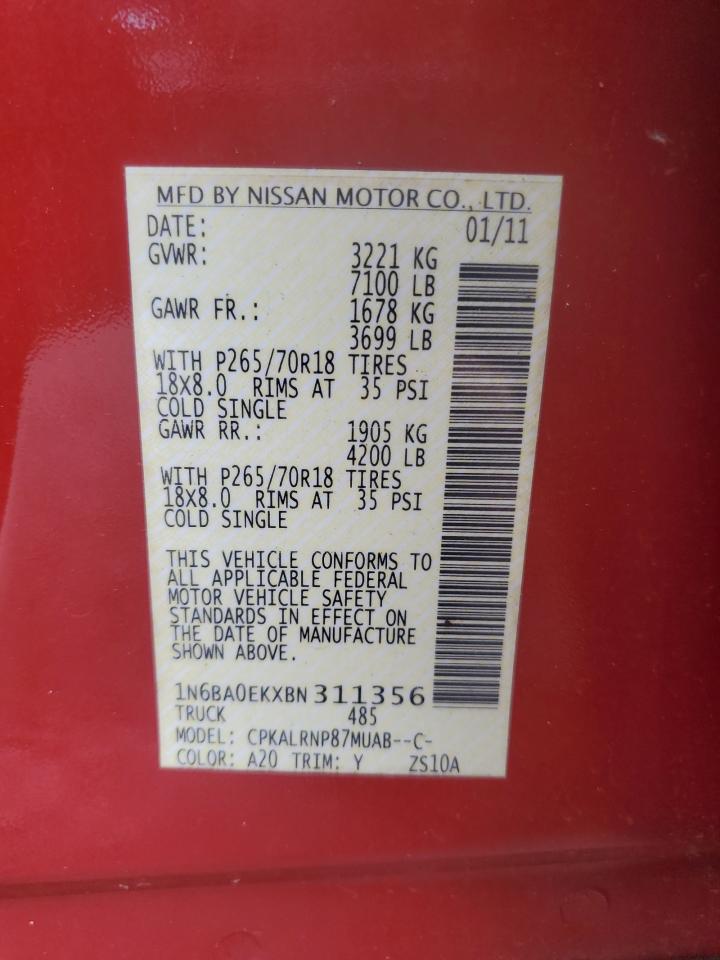 2011 Nissan Titan S VIN: 1N6BA0EKXBN311356 Lot: 91704135