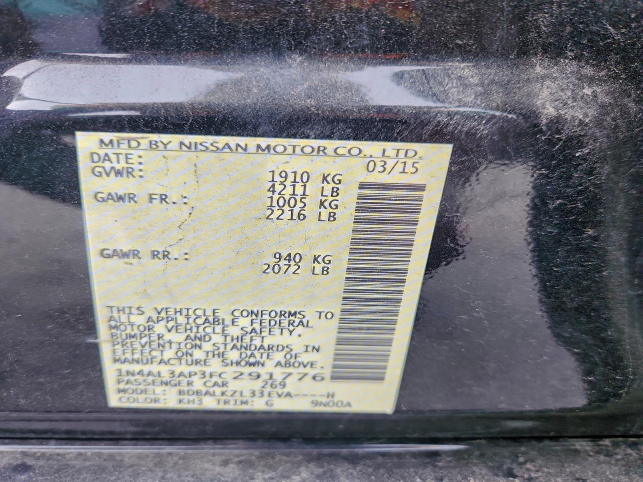 2015 Nissan Altima 2.5 VIN: 1N4AL3AP3FC291776 Lot: 94810345