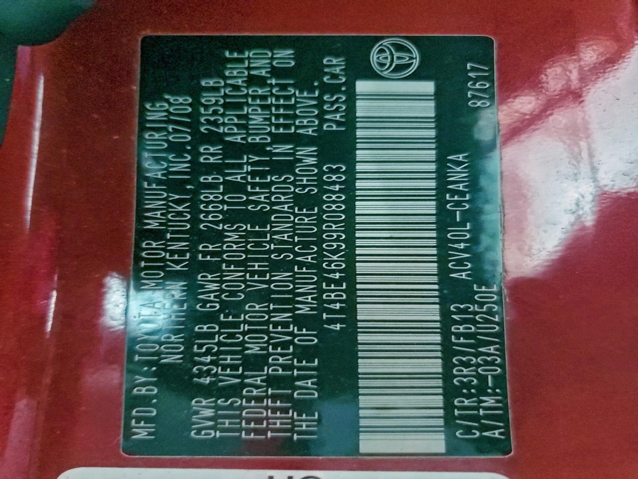 2009 Toyota Camry Base VIN: 4T4BE46K99R088483 Lot: 93925955