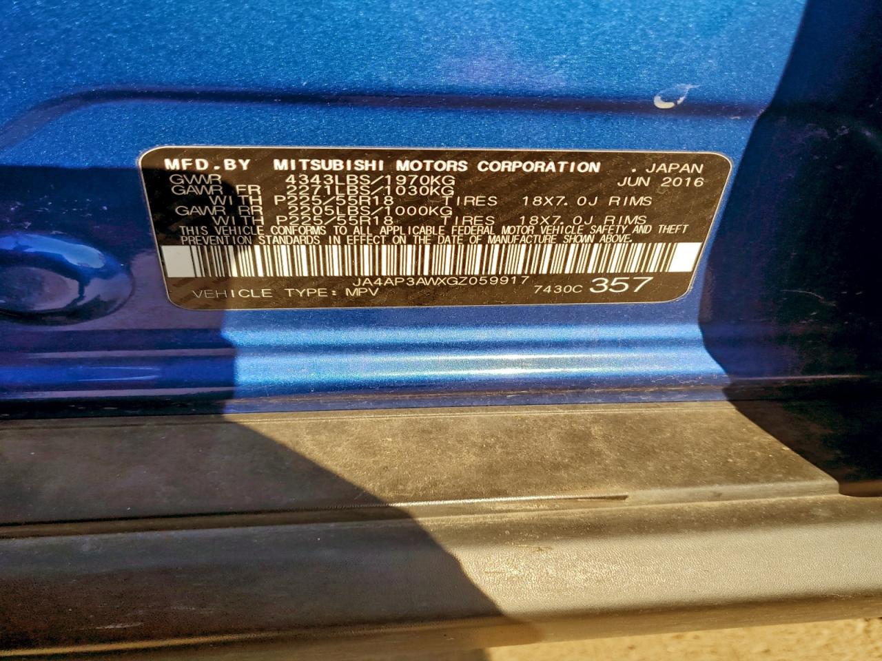 2016 Mitsubishi Outlander Sport Es VIN: JA4AP3AWXGZ059917 Lot: 92172745