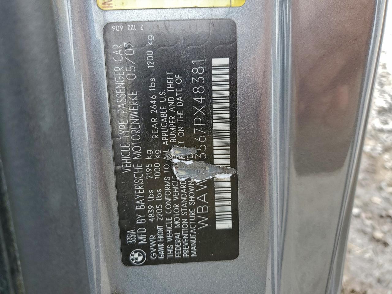 2007 BMW 335 I VIN: WBAWL73567PX48381 Lot: 93884575