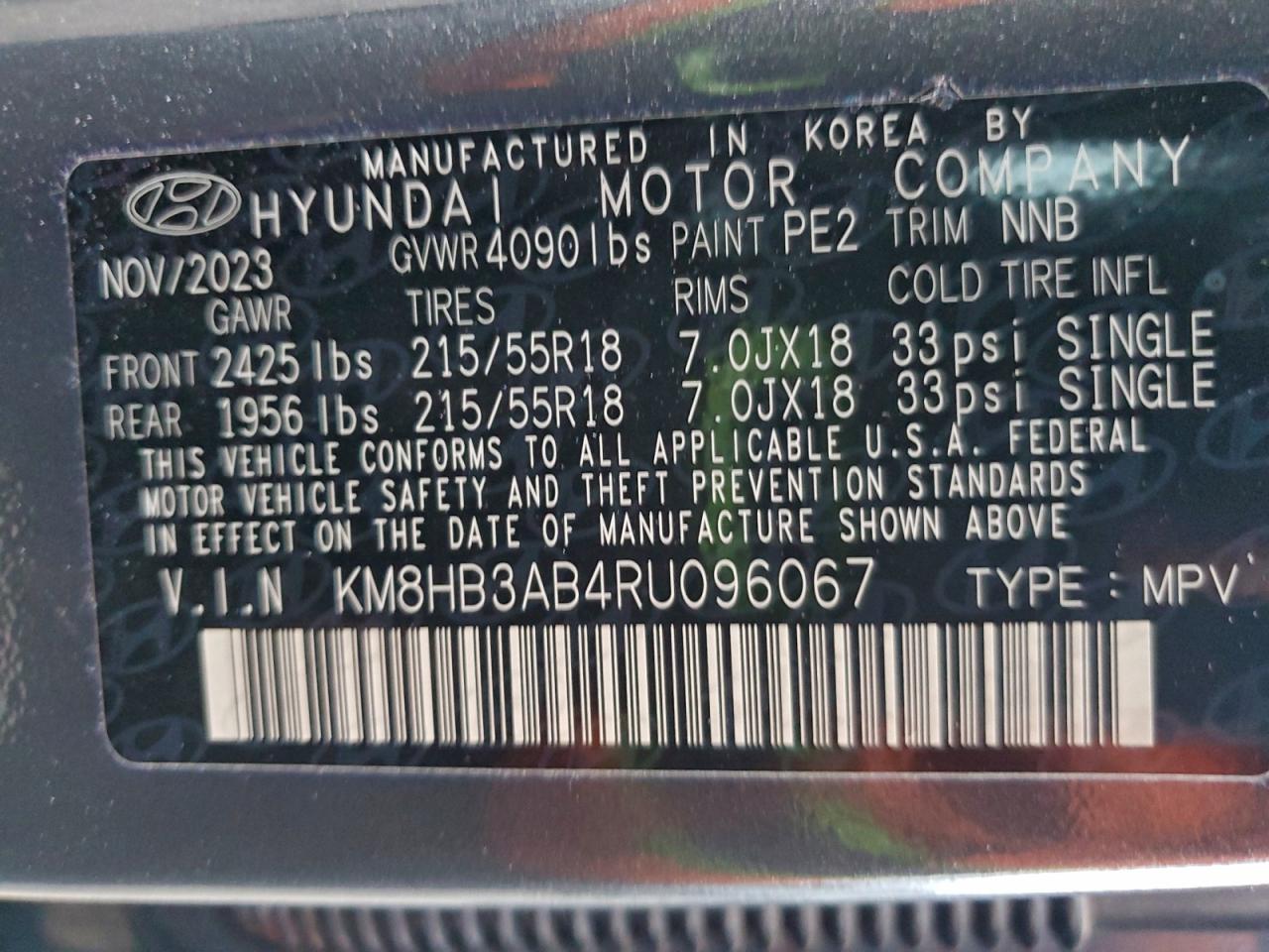2024 Hyundai Kona Sel VIN: KM8HB3AB4RU096067 Lot: 93343105