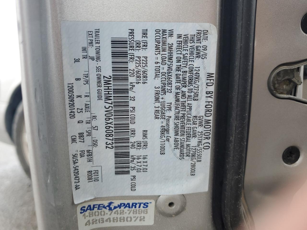 2006 Mercury Grand Marquis Ls VIN: 2MHHM75V06X608732 Lot: 92952035