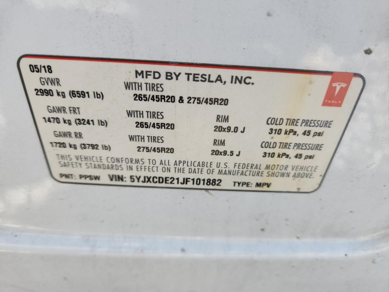 2018 Tesla Model X VIN: 5YJXCDE21JF101882 Lot: 92104005