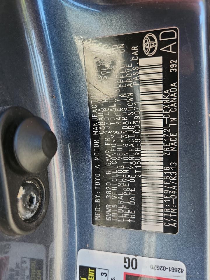 2014 Toyota Corolla L VIN: 2T1BURHE9EC039071 Lot: 92748205