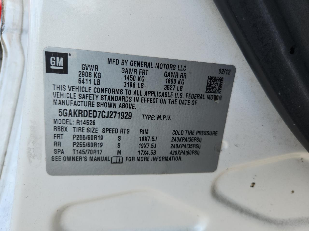 2012 Buick Enclave VIN: 5GAKRDED7CJ271929 Lot: 91702815