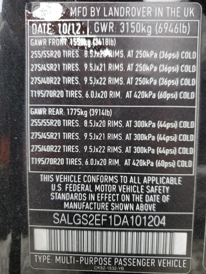 2013 Land Rover Range Rover Supercharged VIN: SALGS2EF1DA101204 Lot: 92248505