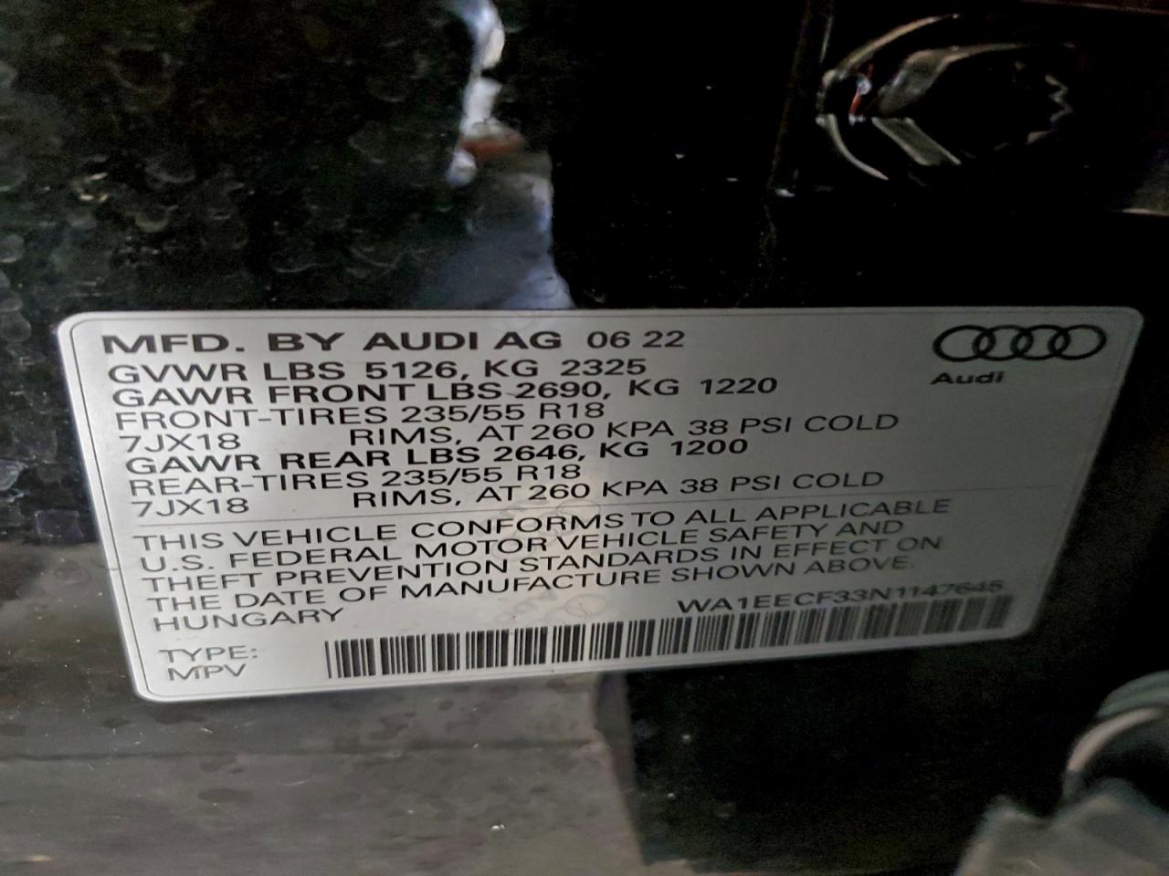 2022 Audi Q3 Premium Plus S Line 45 VIN: WA1EECF33N1147645 Lot: 93851465