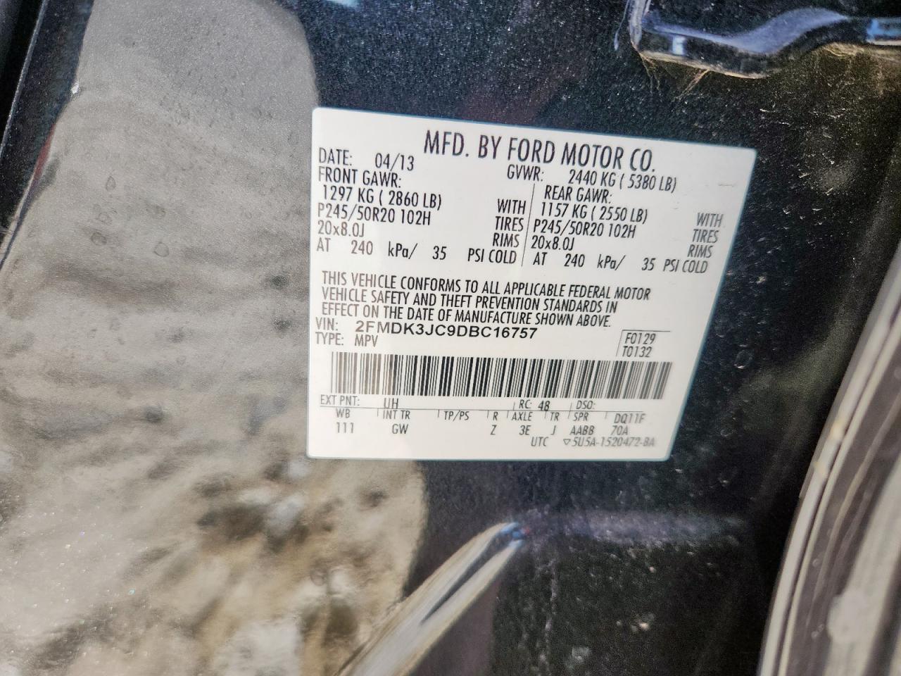 2013 Ford Edge Sel VIN: 2FMDK3JC9DBC16757 Lot: 92514835