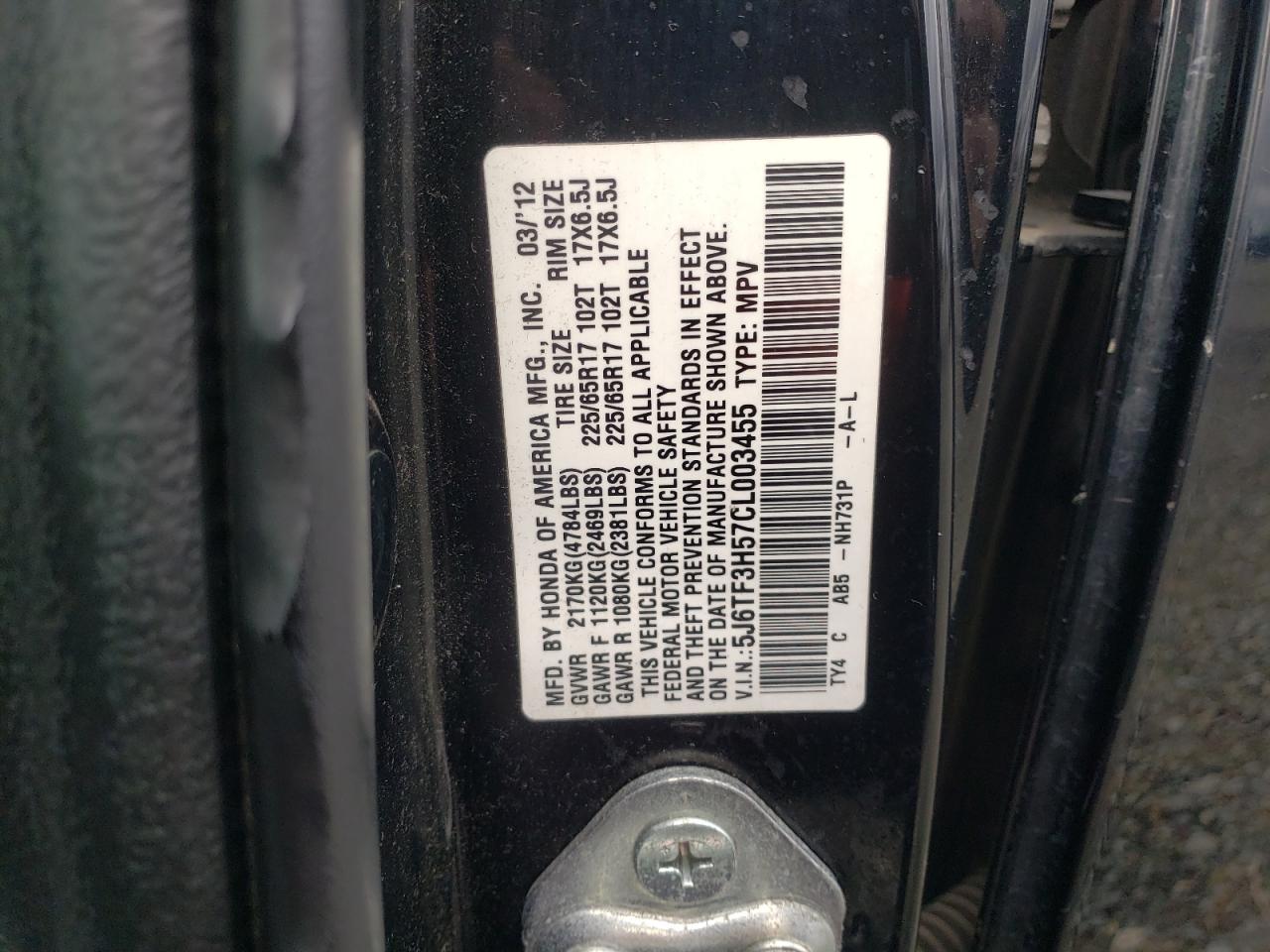 2012 Honda Crosstour Exl VIN: 5J6TF3H57CL003455 Lot: 92922495