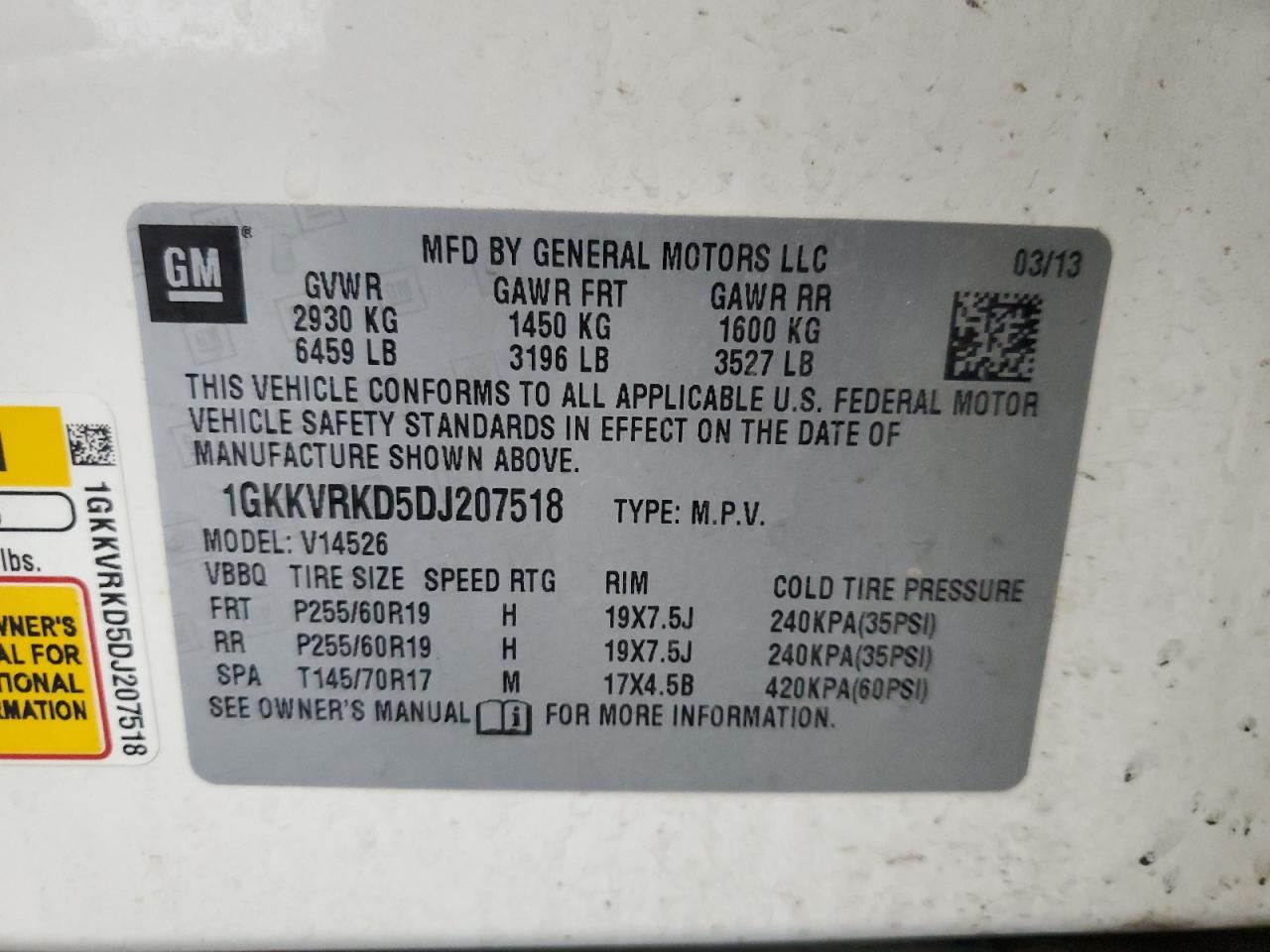 2013 GMC Acadia Slt-1 VIN: 1GKKVRKD5DJ207518 Lot: 92875095
