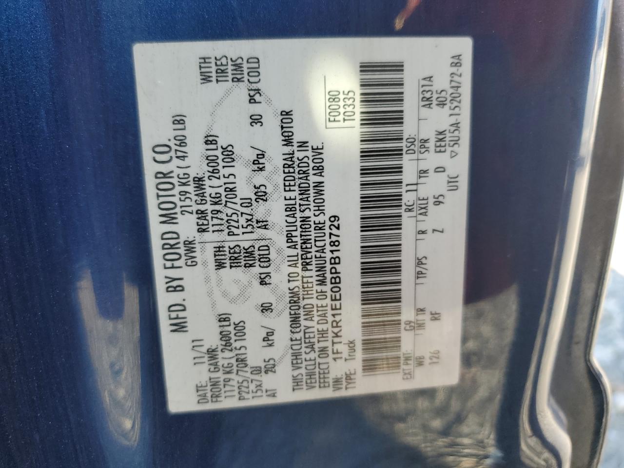 2011 Ford Ranger Super Cab VIN: 1FTKR1EE0BPB18729 Lot: 92317365