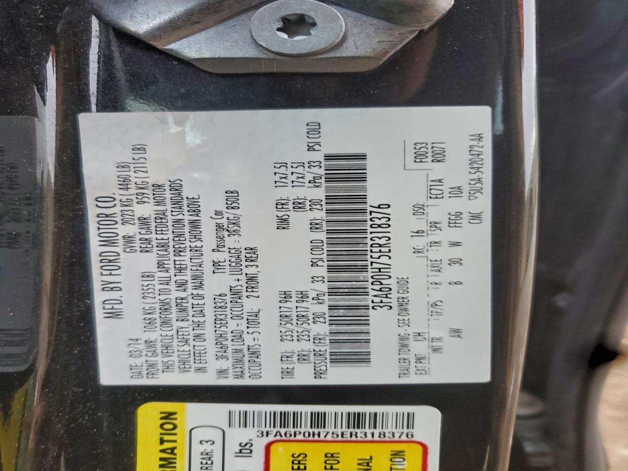 2014 Ford Fusion Se VIN: 3FA6P0H75ER318376 Lot: 93961345