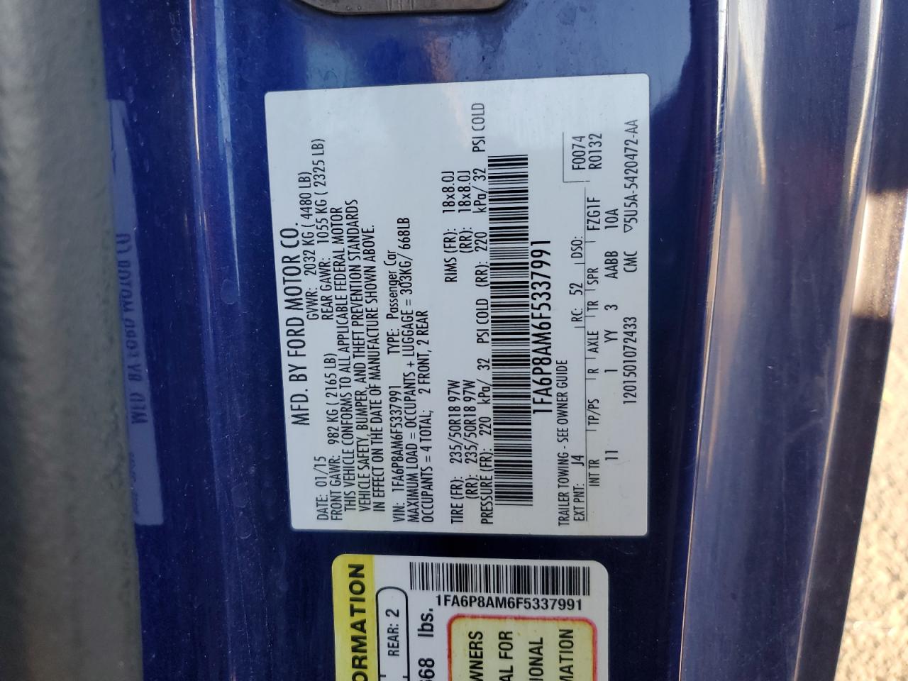 2015 Ford Mustang VIN: 1FA6P8AM6F5337991 Lot: 91384905