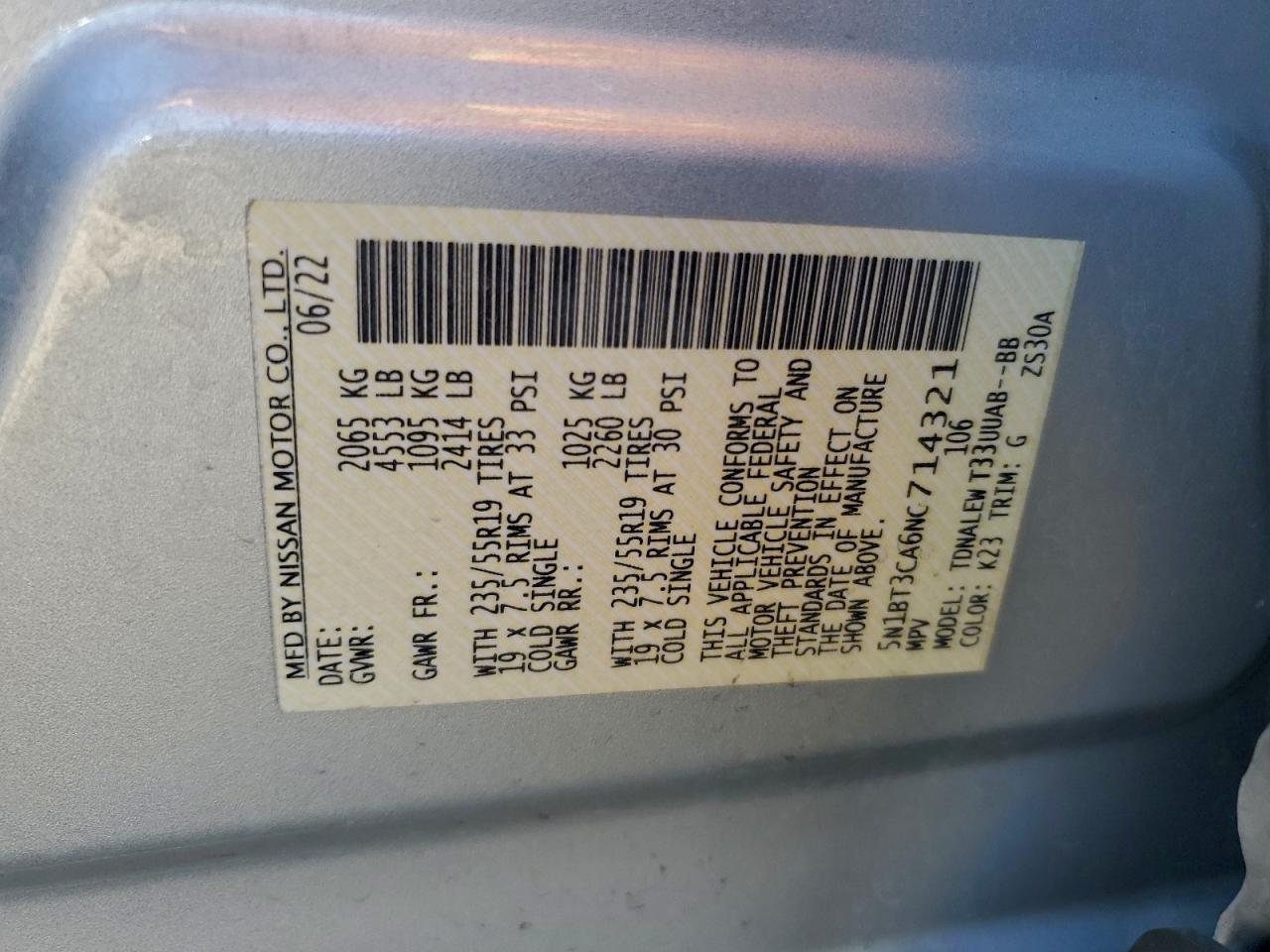 2022 Nissan Rogue Sl VIN: 5N1BT3CA6NC714321 Lot: 93850465