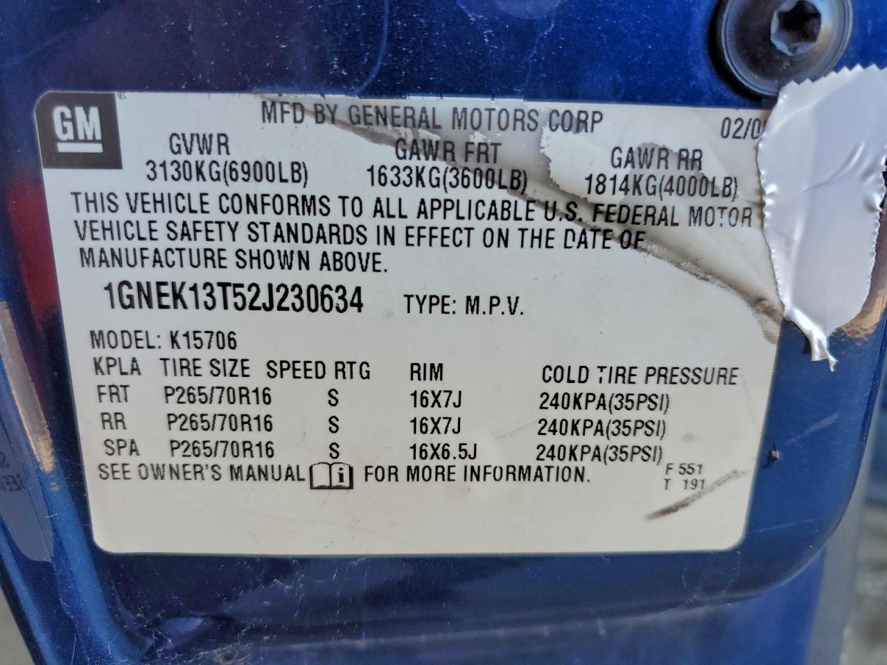 2002 Chevrolet Tahoe K1500 VIN: 1GNEK13T52J230634 Lot: 94095905