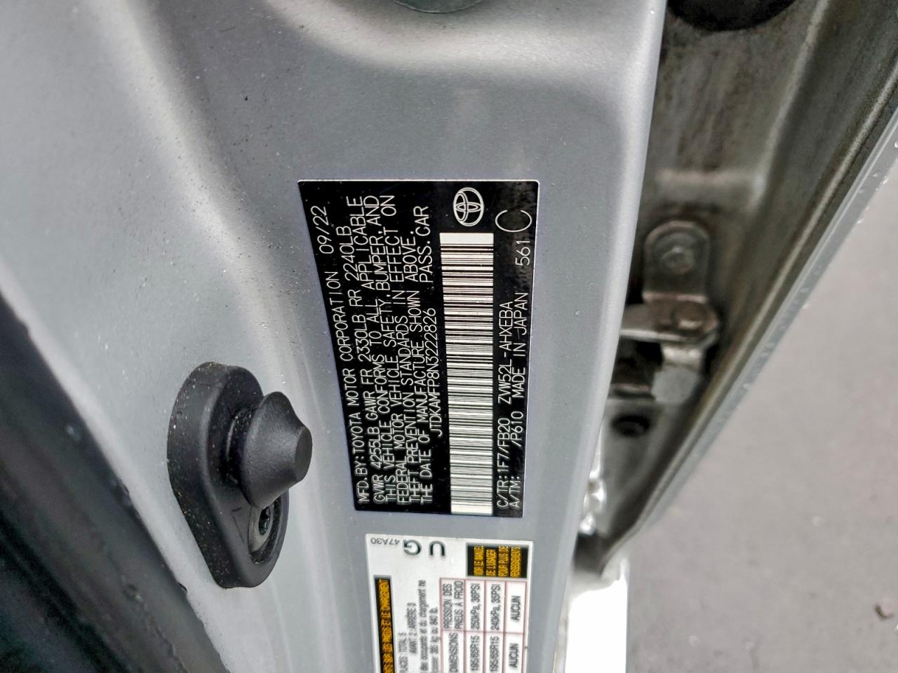 2022 Toyota Prius Prime Le VIN: JTDKAMFP8N3222826 Lot: 93900645