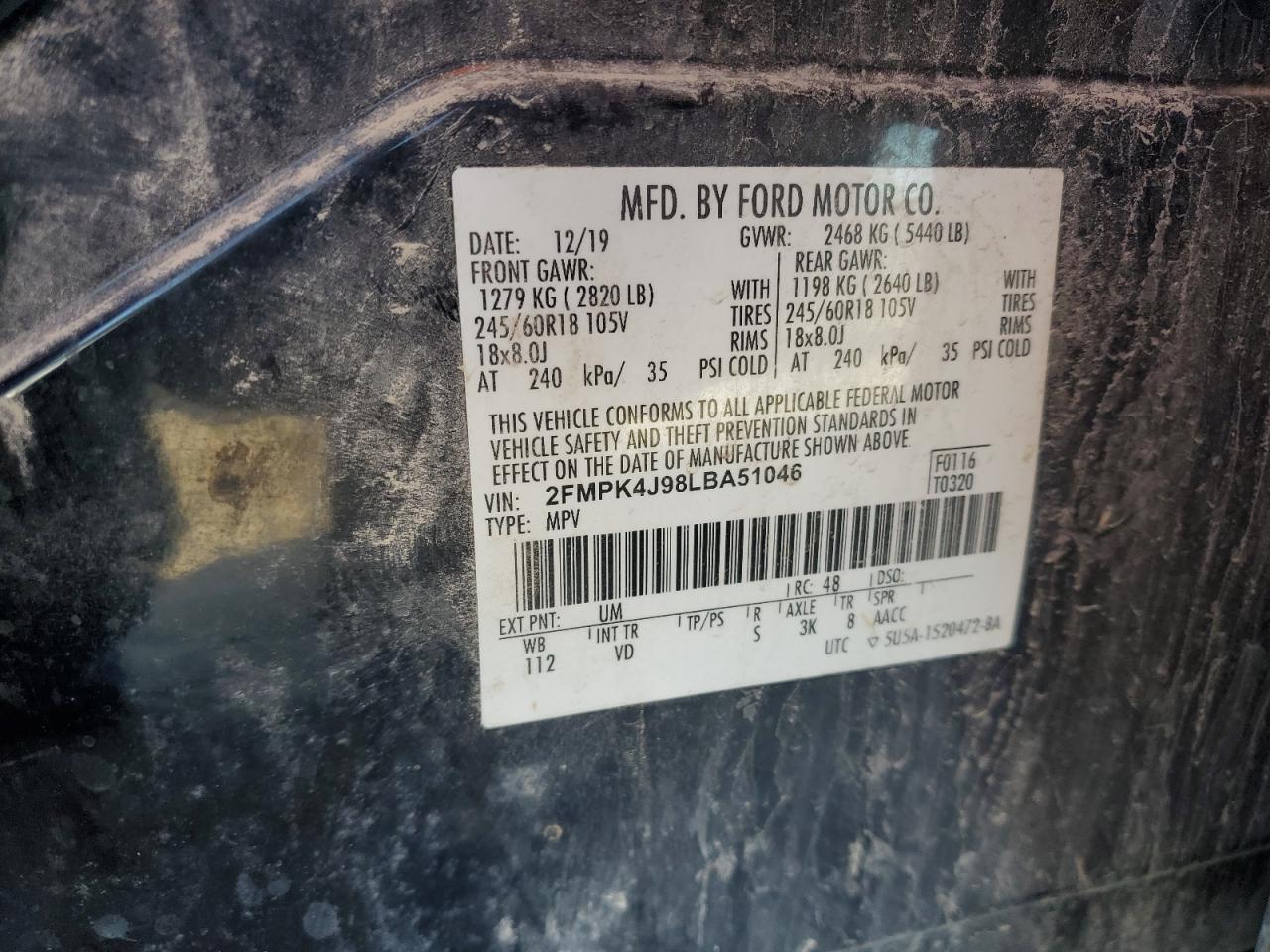 2020 Ford Edge Sel VIN: 2FMPK4J98LBA51046 Lot: 91598005